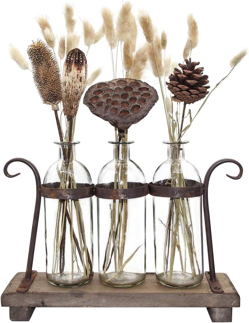 Rustic Flower Vase Set with Rack Stand Farmhouse Glass Bottles for Decor Table Centerpieces