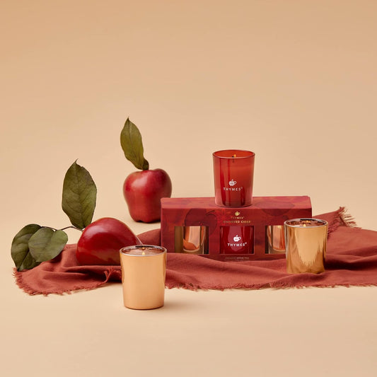 Aromatic Votive Trio – Set of Three Votive Candles – Luxury Home Fragrance – Scented Candles with Notes of Freshly Pressed Apple, Clove, & Cardamom – Red & Rose Gold (Simmered Cider, 2 Oz Each)