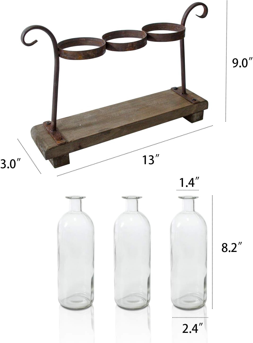 Rustic Flower Vase Set with Rack Stand Farmhouse Glass Bottles for Decor Table Centerpieces