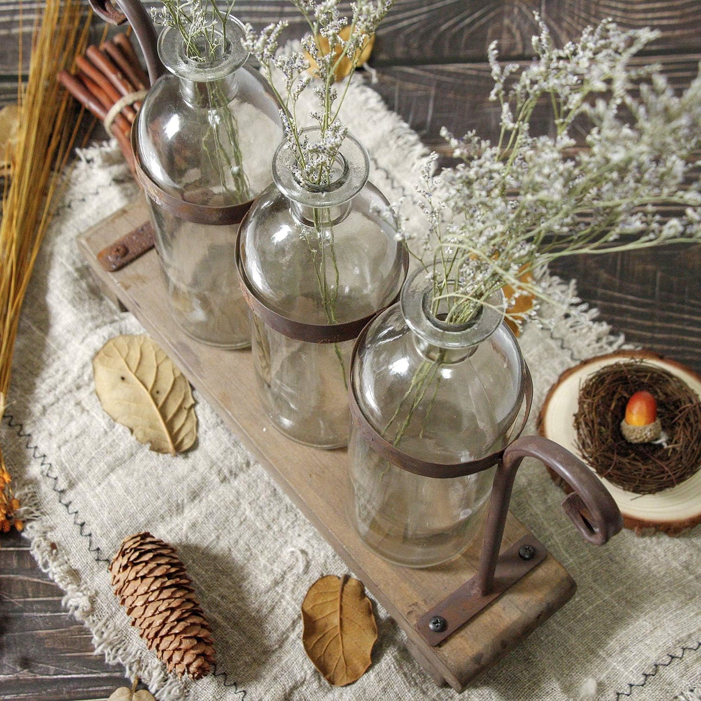 Rustic Flower Vase Set with Rack Stand Farmhouse Glass Bottles for Decor Table Centerpieces