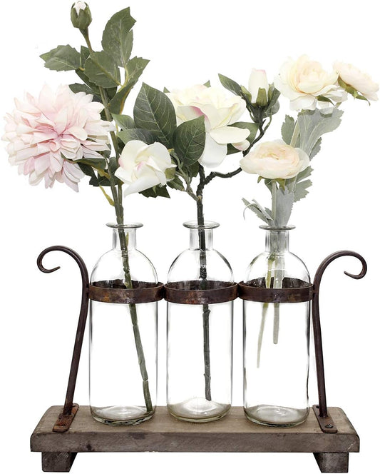 Rustic Flower Vase Set with Rack Stand Farmhouse Glass Bottles for Decor Table Centerpieces