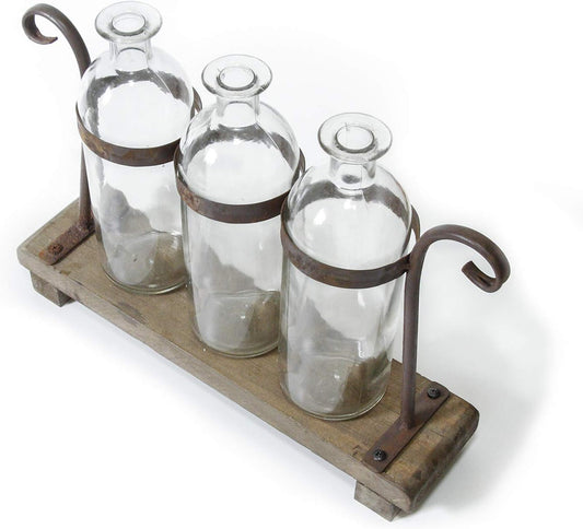 Rustic Flower Vase Set with Rack Stand Farmhouse Glass Bottles for Decor Table Centerpieces