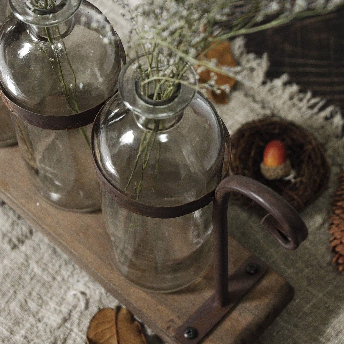 Rustic Flower Vase Set with Rack Stand Farmhouse Glass Bottles for Decor Table Centerpieces