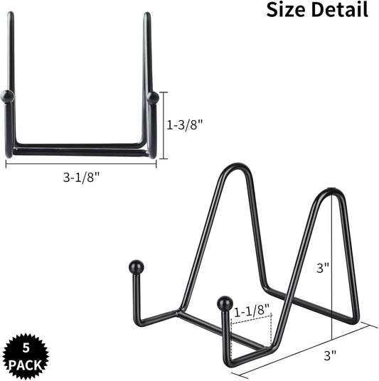 5 Pack 3 Inch Small Plate Holder Display Stands, Mini Metal Black Frame Stand for Picture, Book, Photo Easel, Creation, Collectibles
